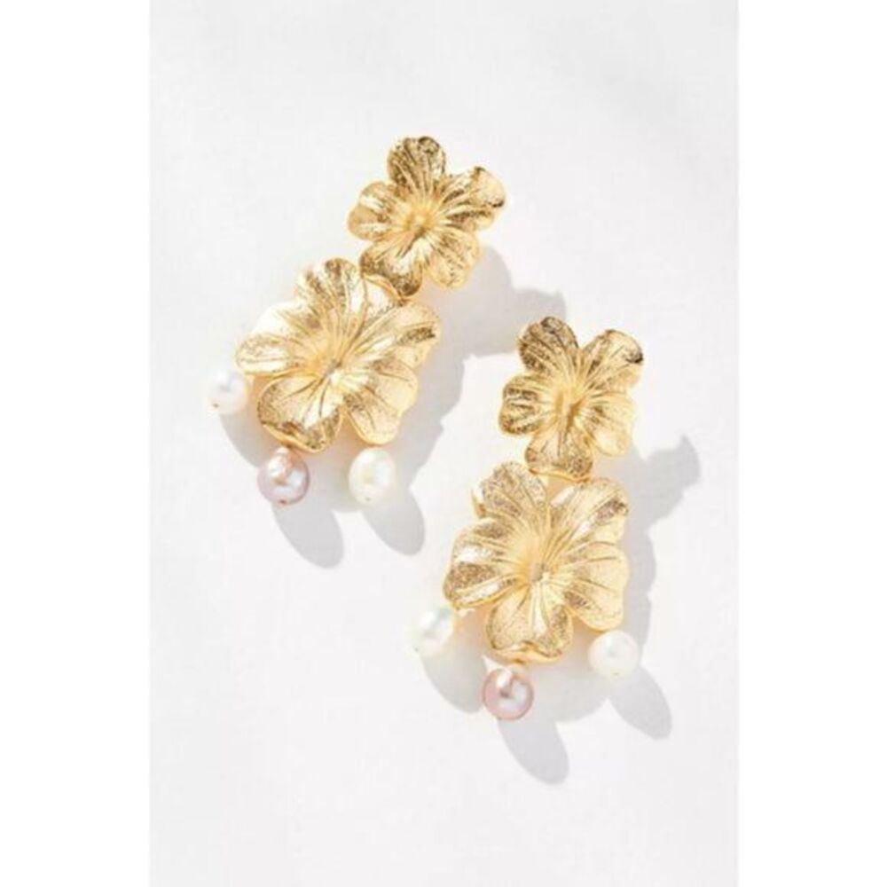 ANTHROPOLOGIE Gold-tone Floral Pearl Drop Earrings NWT